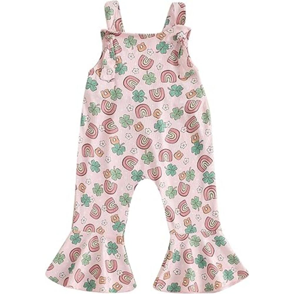 NWT ~ Pink Rainbows & Shamrocks Girls Bellbottom Flare Overalls Pants